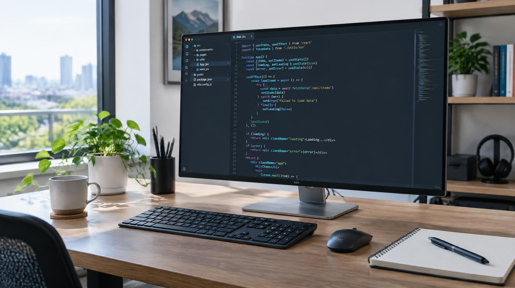 Monitor with code in a modern workspace