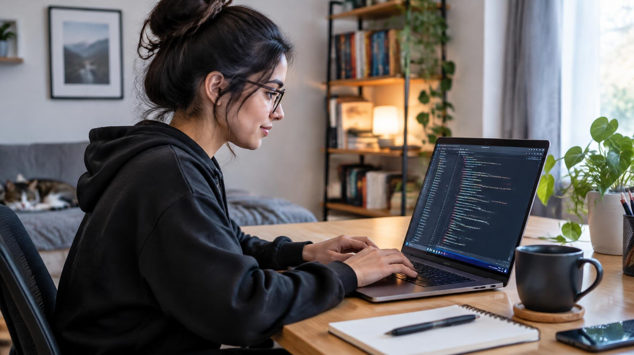 woman coding on laptop at home