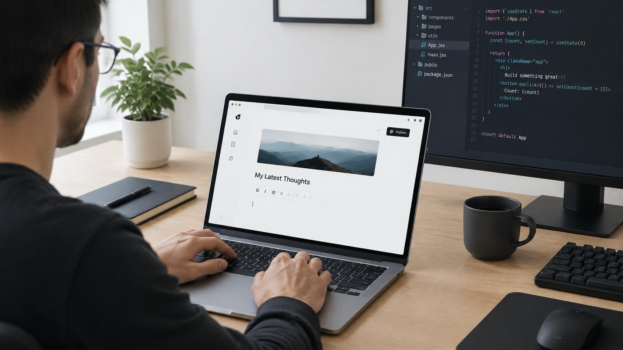 person writing blog on laptop