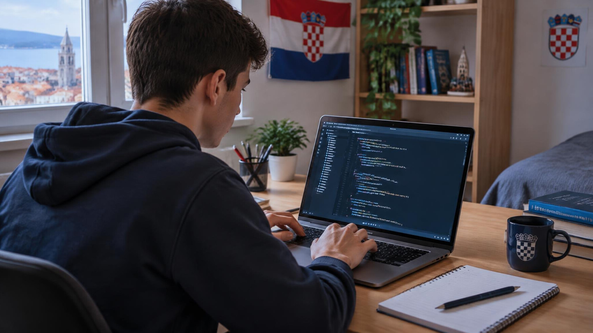 croatian student coding at desk