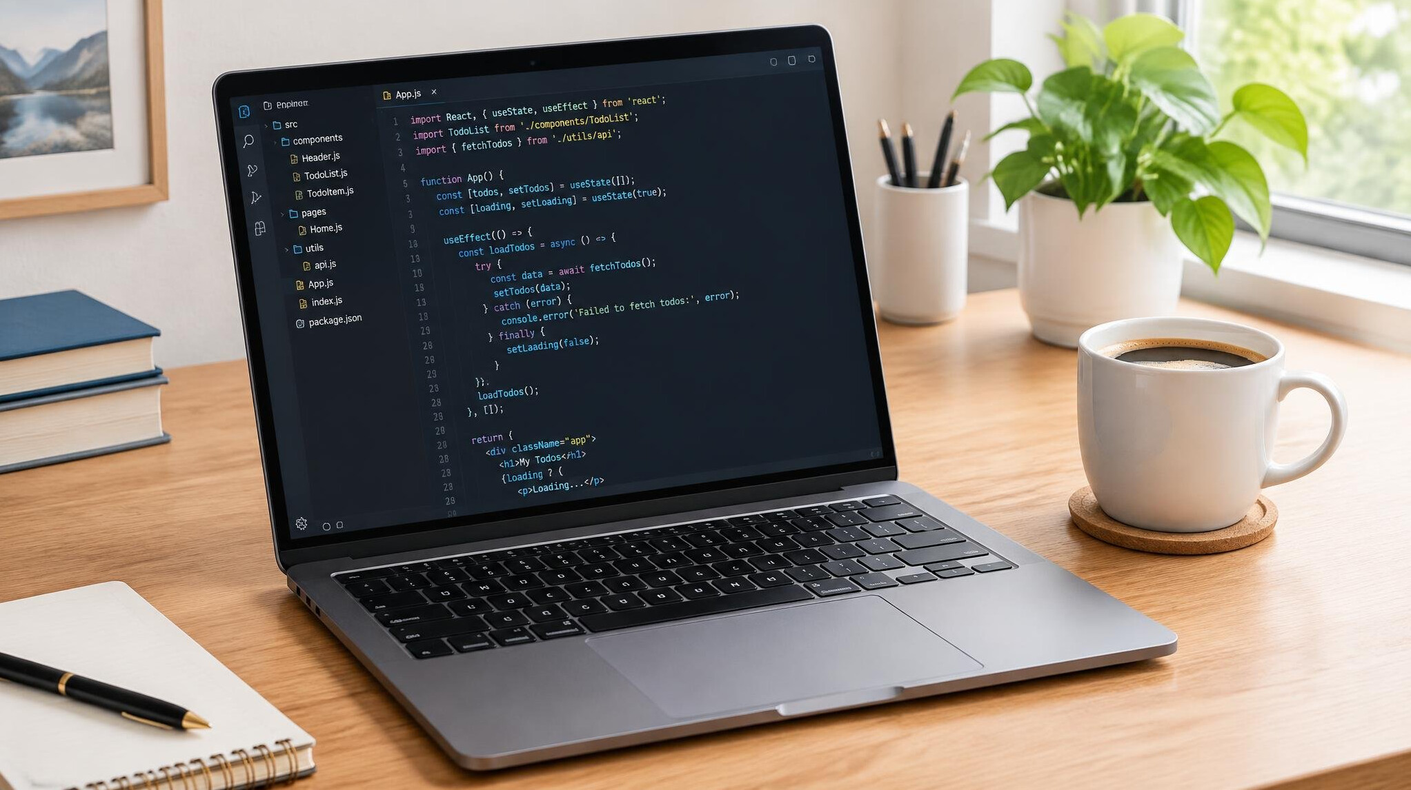 Laptop with code and a cup of coffee on a desk