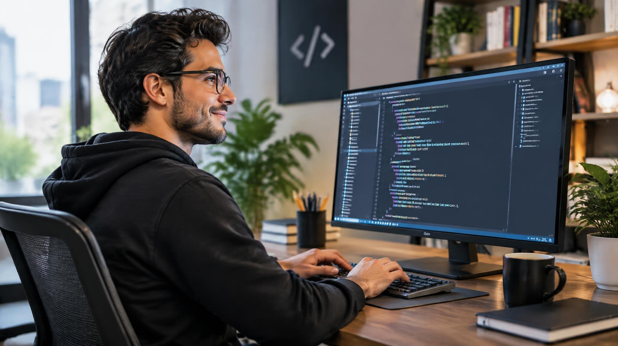 person coding confidently at desk